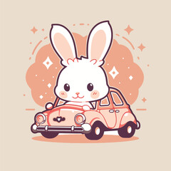 Bunny driving a car cartoon character illustration