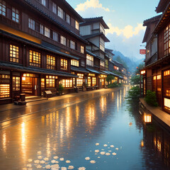 Naklejka premium Japanese Print Traditional building street scene art print ink and cg painting - AI Generated