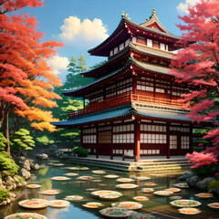 Obraz premium Japanese Print Traditional building street scene art print ink and cg painting - AI Generated