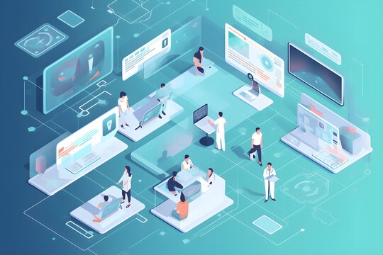 Flat vector illustration Doctor, nurse or healthcare plan, teamwork or overlay digital data plan in lobby top view. Futuristic, medical or collaborative technology for research or analysis of...