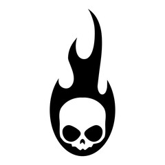 Burning skull on fire, skull icon illustration. Gothic design for prints. Comic style. Sticker for Horror or Halloween. Hand drawing illustration isolated on white background. Vector EPS 10