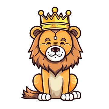 Mascot of cute lion king wearing golden crown. Cartoon flat character vector illustration