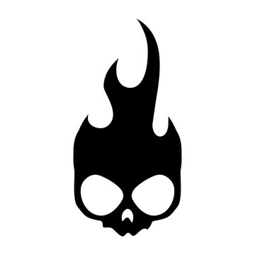 Burning skull on fire, skull icon illustration. Gothic design for prints. Comic style. Sticker for Horror or Halloween. Hand drawing illustration isolated on white background. Vector EPS 10