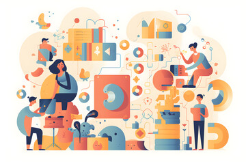 Fototapeta premium Flat vector illustration Educational, family and children use colorful educational toys for kids to learn math. Homeschooling young kindergarten students in headphones, math or creativity busy with...