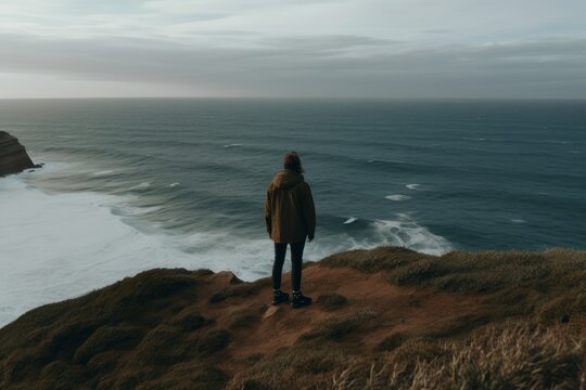A woman standing on a cliff looking at the ocean