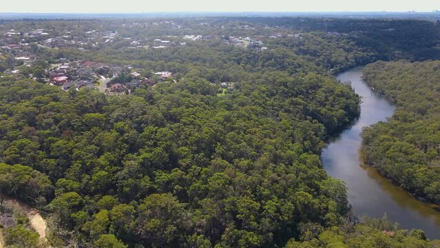 Aerial drone view of Barden Ridge in the Sutherland Shire, Sydney NSW showing Woronora River on a sunny day  
