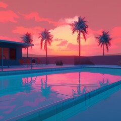 Fototapeta na wymiar Vaporwave Pool Outdoors at Sunset or Sunrise