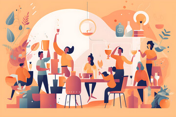 Flat vector illustration Entrepreneurial business people, coffee break chat and happy reunion with team building, laughter and happy hour. Men, women and drinks, laughing and talking, friends and fun 
