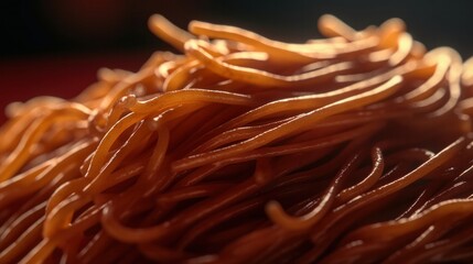 Close up spaghetti on blurred background. The texture of the noodles. Copy space for text. Generative AI.