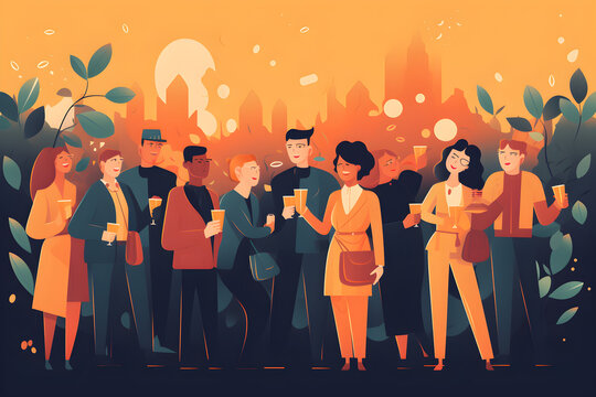 Flat vector illustration Entrepreneurial business people, coffee break chat and happy reunion with team building, laughter and happy hour. Men, women and drinks, laughing and talking, friends and fun 