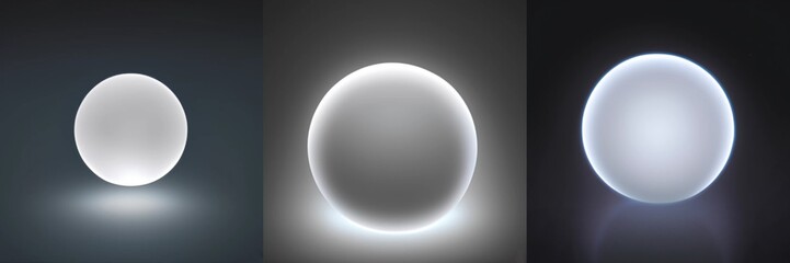 Neon glowing ball set AI illustration. Light balls on dark surface background 3d. Black white templates.