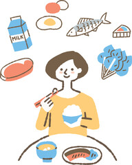 栄養を考えながらご飯を食べている女性_色