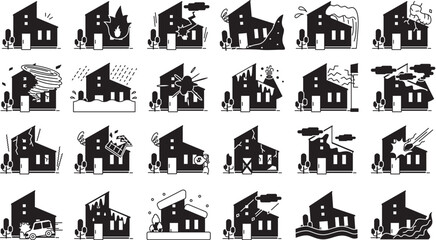 火災保険などの補償内容に使いやすいトラブルや自然災害に遭うシンプルな家のアイコンセット（白黒）