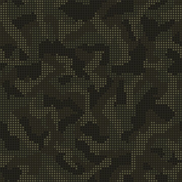 Abstract halftone seamless camouflage, led style texture. Dot pattern in dark khaki green colors, camo digital  background. Vector pixel art wallpaper
