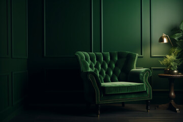 green armchair that matches the shade of your dark green wall, Generative AI	