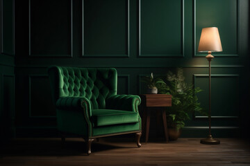 green armchair that matches the shade of your dark green wall, Generative AI	
