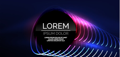 Neon laser lines, circles waves abstract background. Neon light or laser show, electric impulse, power lines, techno quantum energy impulse, magic glowing dynamic lines