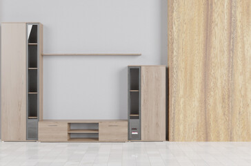 Living room with cabinet and wooden wall