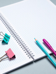 table with open notebook with ballpoint pen, stationery. Business concept planning a day, writing a to-do list, checklist. Top view of workspace