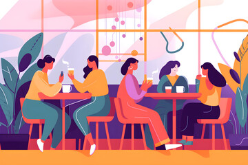 Flat vector illustration Friends laughing together in a cafe, on the phone or on social media with happy smiles on holiday together. Crazy news, internet or Gen Z women sipping cocktails while reading