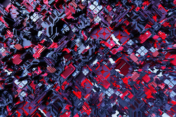 3d illustration of a pattern in the form of a metal, technological plating of a spaceship or a robot. Abstract Graphics in the style of computer games. Close up of the colorful  cyber armor