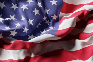The national flag of USA  from textiles close-up , soft focus . 3D illustration. Country symbol.