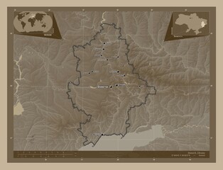 Donets'k, Ukraine. Sepia. Labelled points of cities