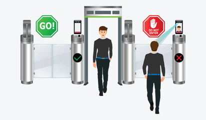 Walk through metal detector controls and metal entrance control for the airport or customs. 
Metal Entrance Control with Facial Recognition for Employees and Visitor. Vector.
