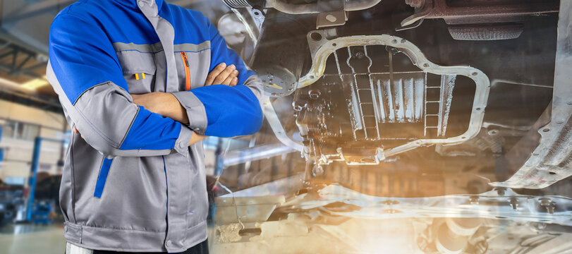 Double Exposure Auto mechanic in the auto service center car