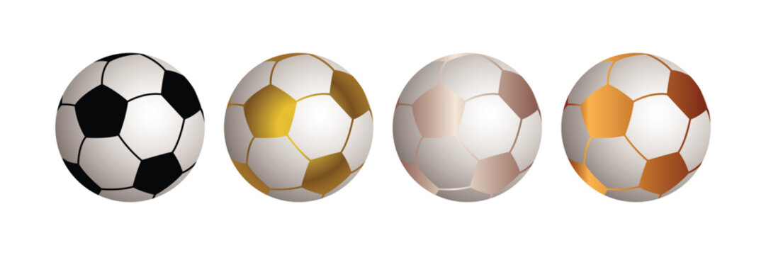 Soccer ball collection. Football balls Set  design style. Golden, silver, Platinum and white black color. Mockup of sports elements isolated on white background. vector illustration