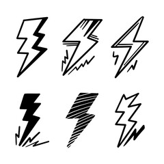 set of hand drawn vector doodle electric lightning bolt symbol sketch illustrations. thunder, vector ilustration