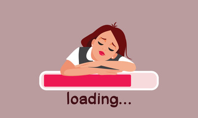 Woman Tired of Slow Internet Speed Loading Time Vector Cartoon Illustration. Funny Wi-Fi problem concept image with a girl falling asleep 
 - obrazy, fototapety, plakaty