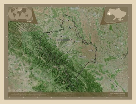 Ivano-Frankivs'k, Ukraine. High-res satellite. Labelled points of cities