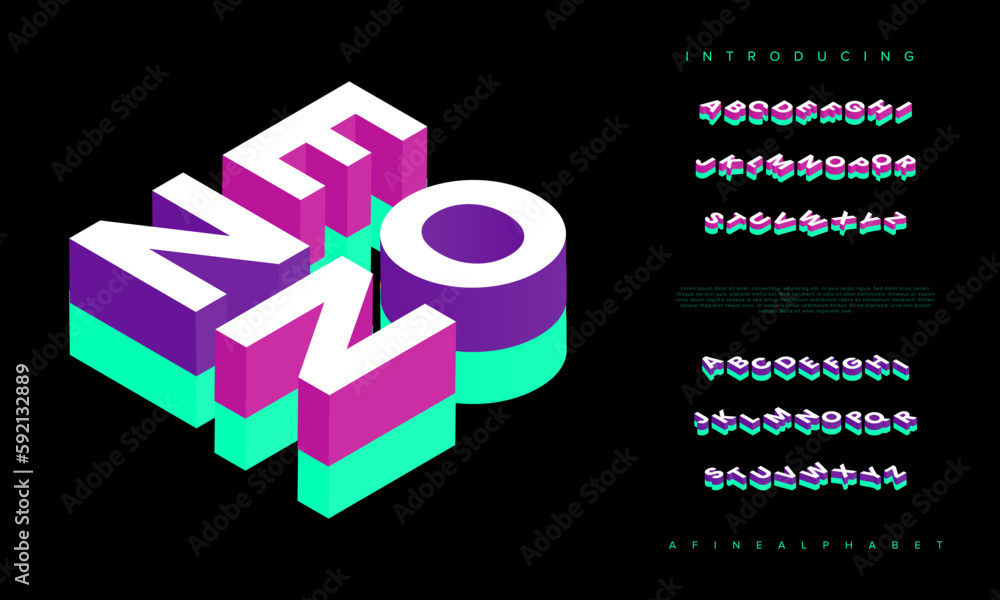 Poster neon isometric font display typeface. typography a to z minimal design. vector illustration of word