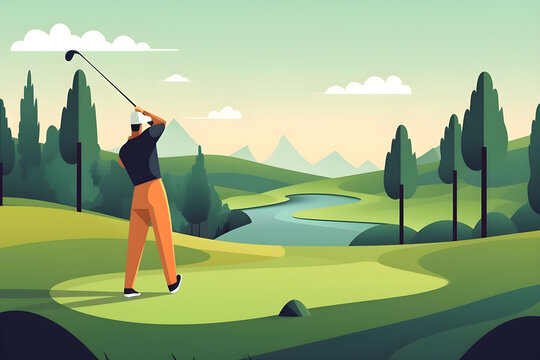 Flat vector illustration Golf, focus and hobby, players swing a club on the field or course for fun and entertainment. Golf, grass and hitting practice with a male golfer at...
