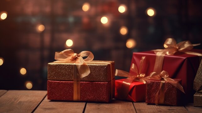 Christmas presents wrapped in red paper with gold ribbon on on wooden table background and bokeh. Place for typography and logo. Copy space. Generative Ai.