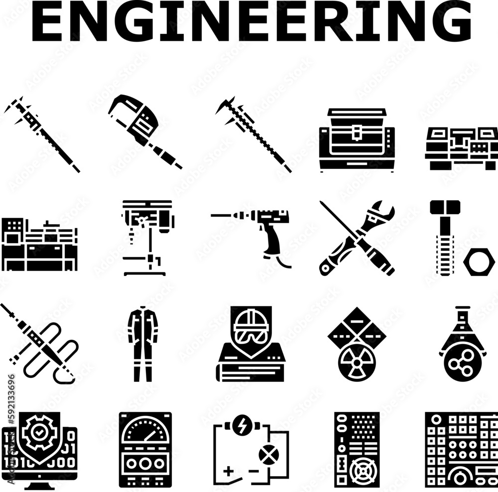 Poster engineering tool work wrench icons set vector