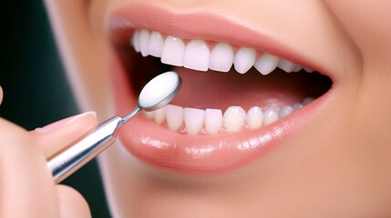 Fototapeta premium close-up of a person brushing their teeth, digital rendering, she has perfect white teeth, spoon, professional close-up photo, mother of pearl. Generative Ai