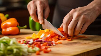 man cuts vegetables on a cutting board, multicolor. Generative Ai - obrazy, fototapety, plakaty