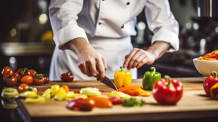 Obraz na płótnie Canvas chef cuts vegetables on a cutting board, painting, pepper, close-up portrait photo. Generative Ai