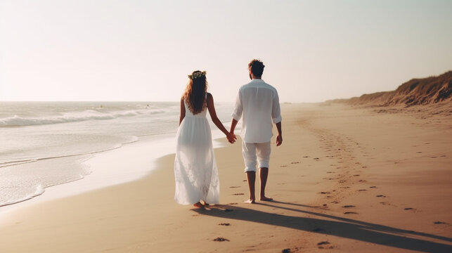 stock photo man and woman walking on the beach, n. Generative o splashes, romanticism, white sundress, soft light, wedding. Generative Ai