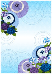 あじさいと和傘の梅雨和背景タテ水色