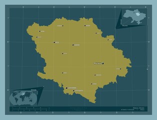 Poltava, Ukraine. Solid. Labelled points of cities