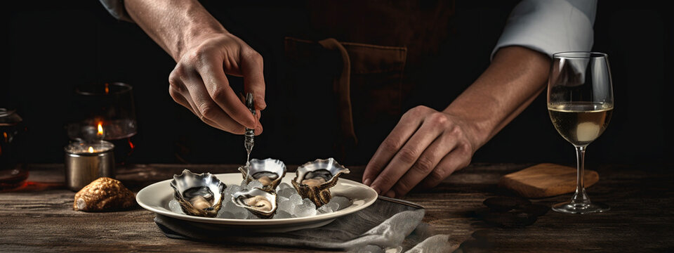 Man's hands opens shell with oysters. Dish of oysters on dark background. Close-up, banner. Generative Ai content.