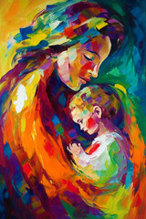 mother with child painting using primary colors