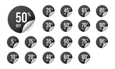 Set of stickers. Percent discount circle black labels. Vector illustration.