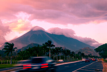 Palin Escuitla highway at sunset in Guatemala, Central America, passenger and cargo transport area,...