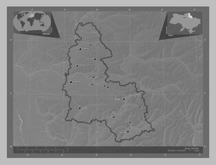 Sumy, Ukraine. Grayscale. Labelled points of cities