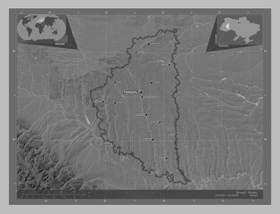 Ternopil', Ukraine. Grayscale. Labelled points of cities