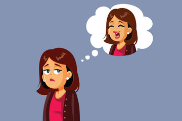 Sad Woman Thinking About Feeling Happy Again Vector Cartoon. Lady trying to cheer up thinking f jokes and good memories
